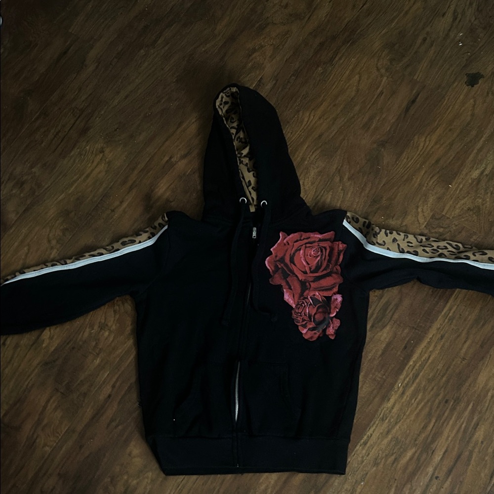 Women's Black Hoodie with Red Rose and Leopard Accents